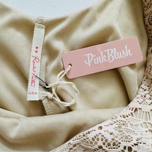 Rachel Kate Cream Pink Lace Overlay 3/4 Sleeve Scoop Neck Mini Dress Medium NEW - Picture 2 of 10